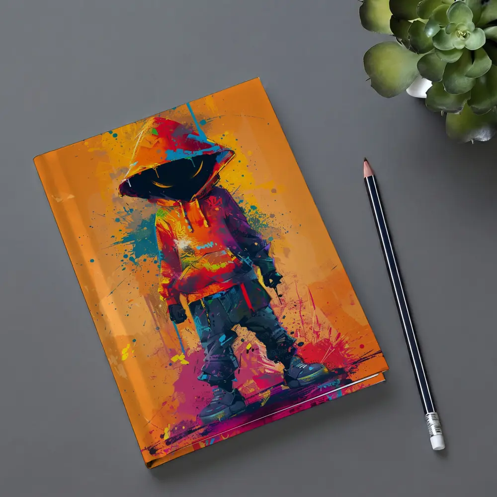Hooded Figure Graffiti Splatter Orange Background Art – Notebooks