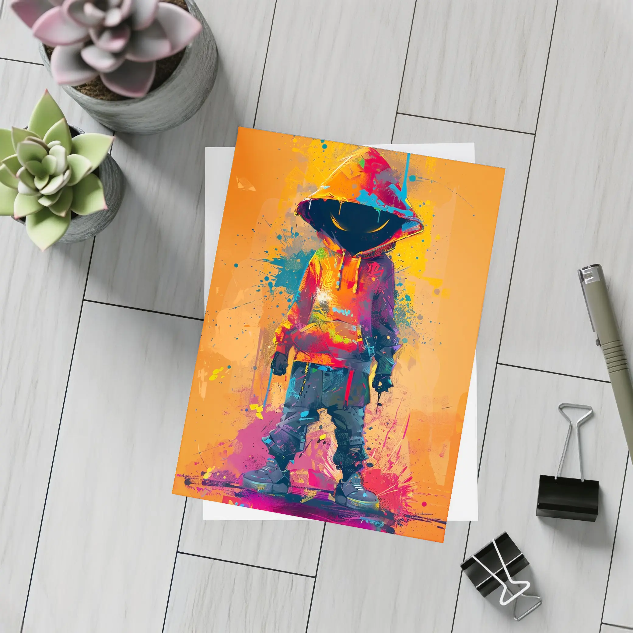 Hooded Figure Graffiti Splatter Orange Background Art – Postcards