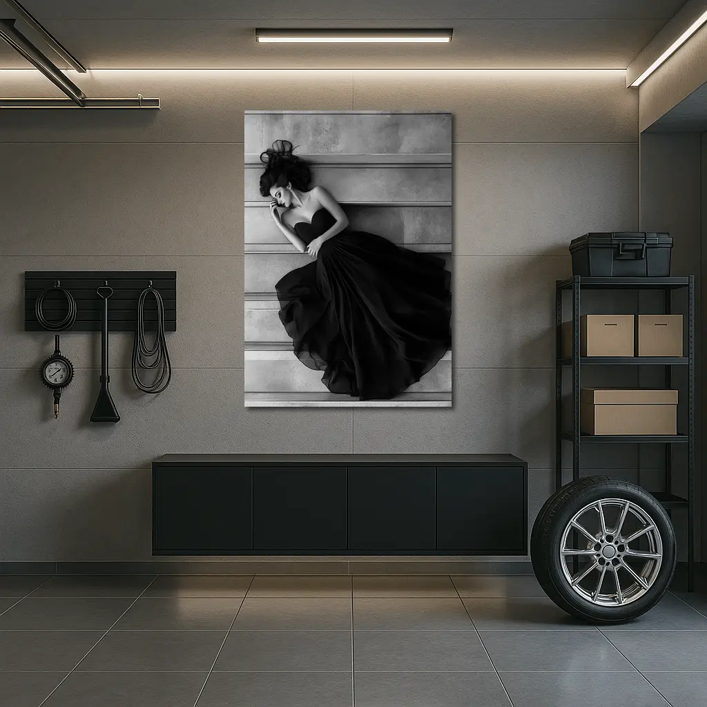 Woman Black Gown Lying on Stone Steps – Wall Art