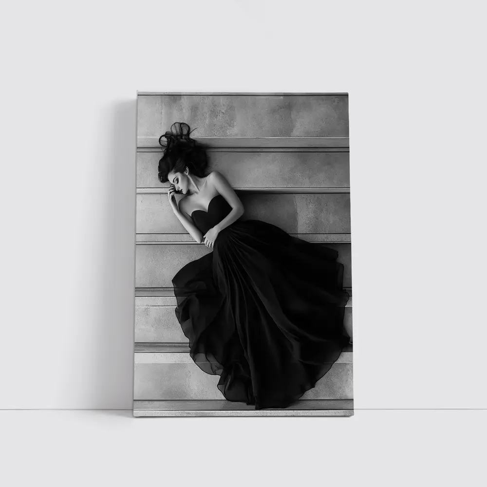 Woman Black Gown Lying on Stone Steps – Wall Art