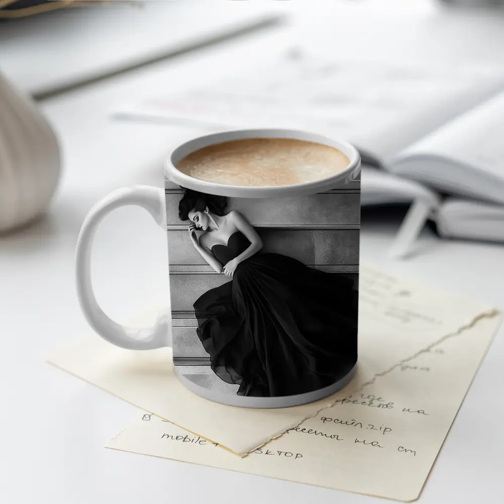 Woman Black Gown Lying on Stone Steps – Mugs