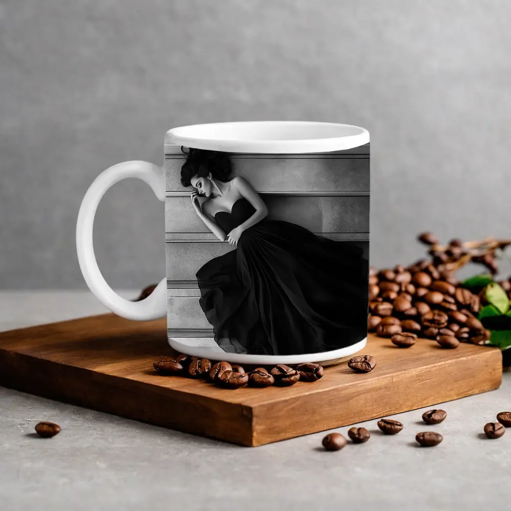 Woman Black Gown Lying on Stone Steps – Mugs