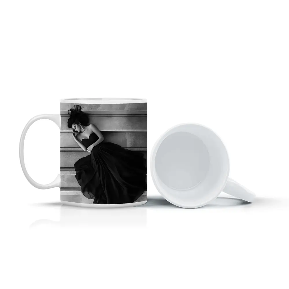 Woman Black Gown Lying on Stone Steps – Mugs