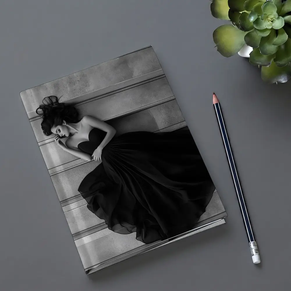 Woman Black Gown Lying on Stone Steps – Notebooks