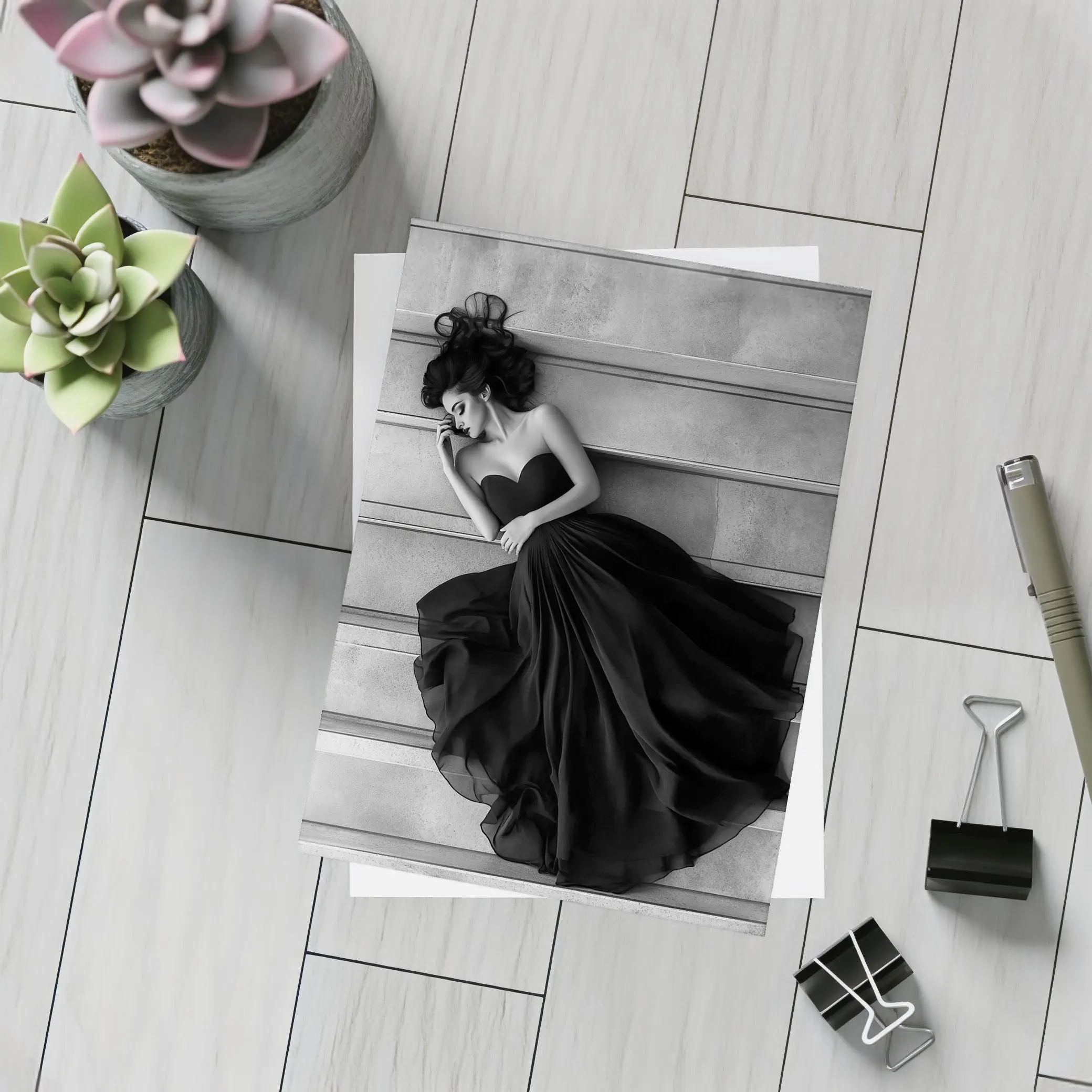 Woman Black Gown Lying on Stone Steps – Postcards