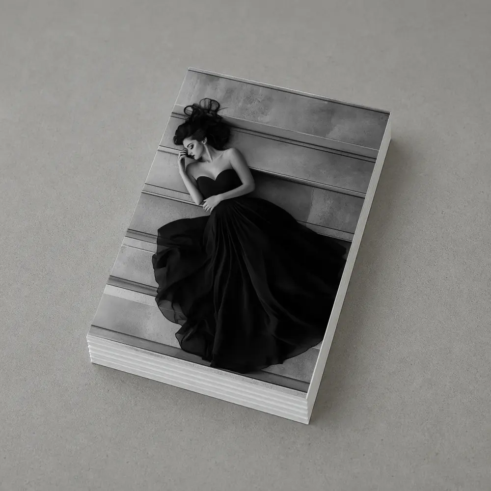 Woman Black Gown Lying on Stone Steps – Postcards