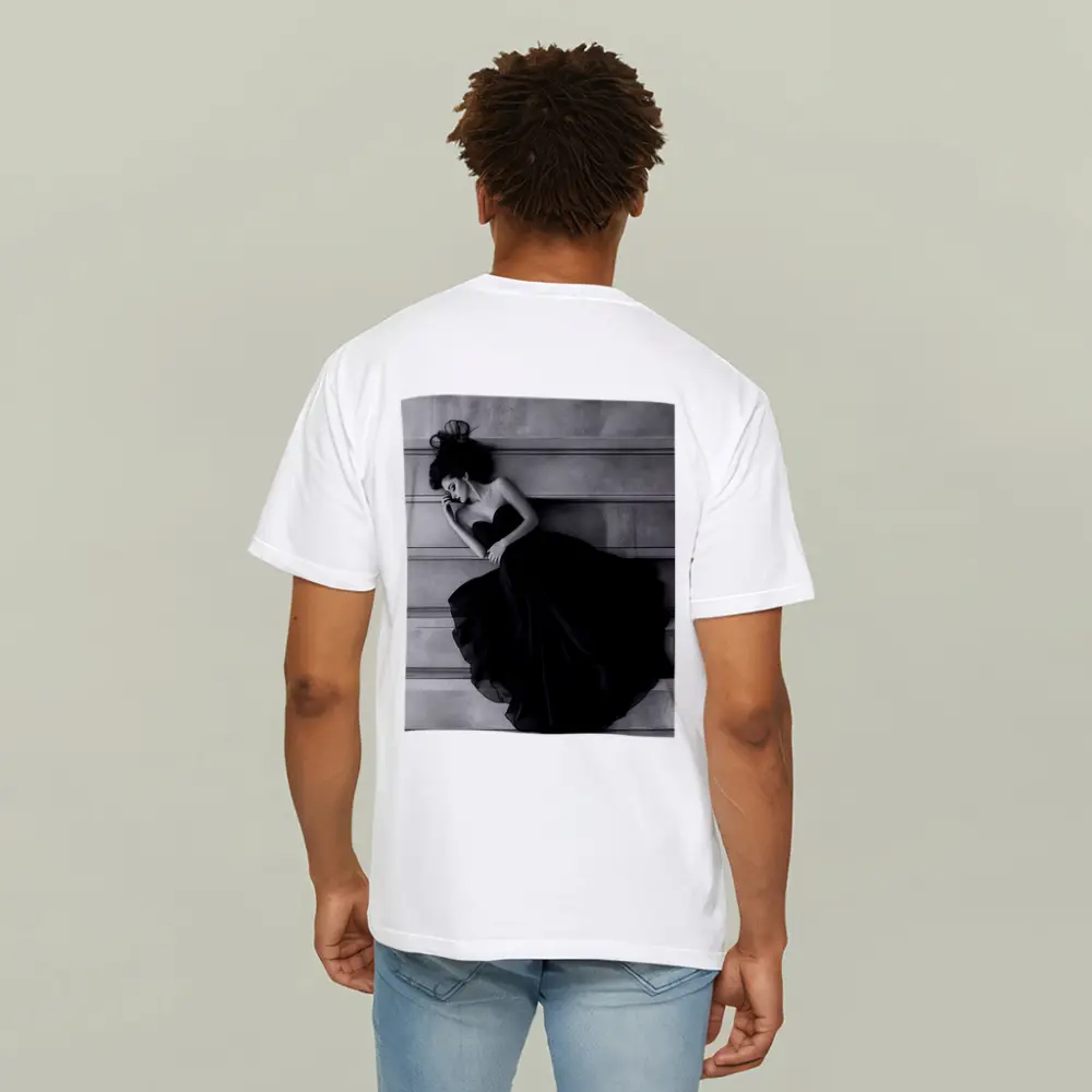 Woman Black Gown Lying on Stone Steps – T-Shirts