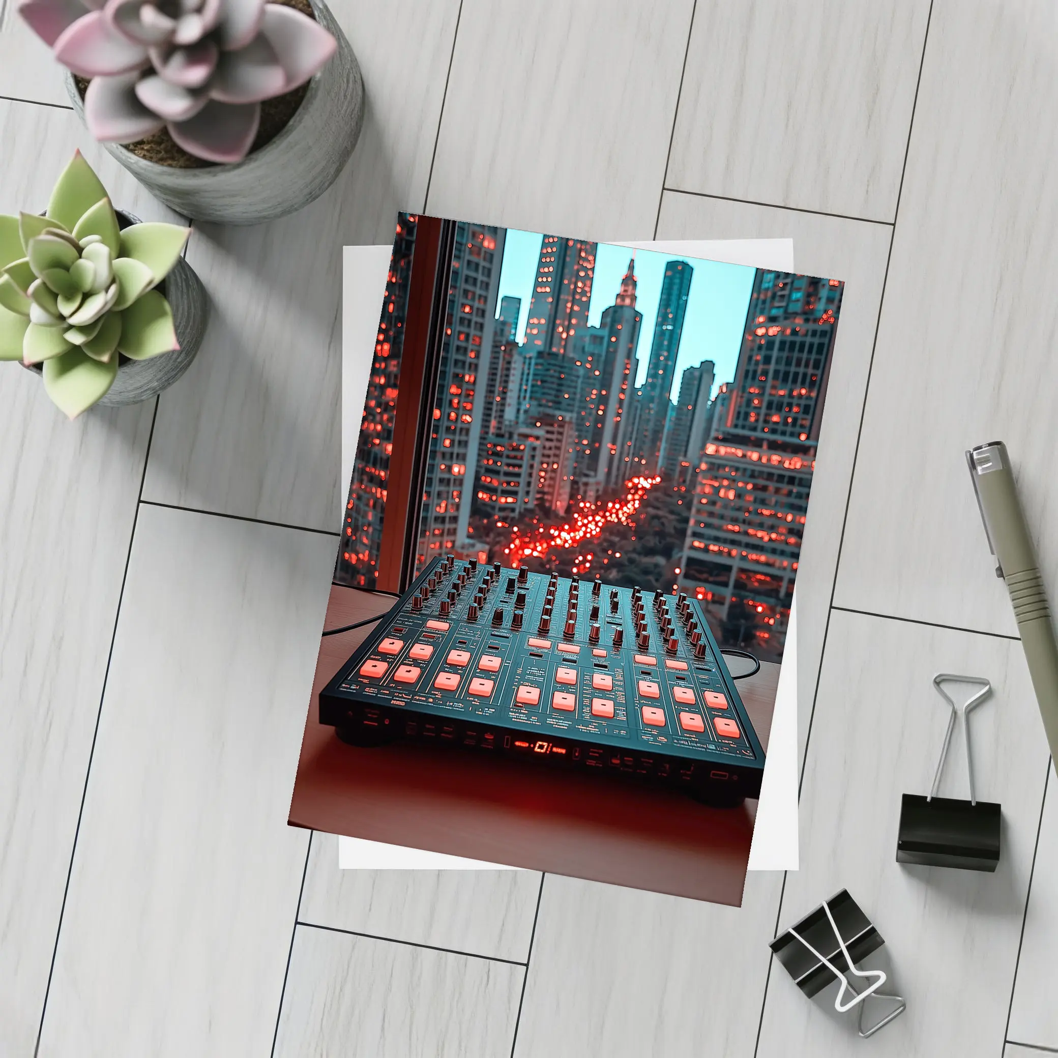 DJ Mixer Controller City Skyline Night – Postcards