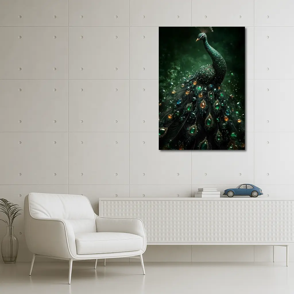 Jeweled Peacock Dark Green Mystical Background – Wall Art