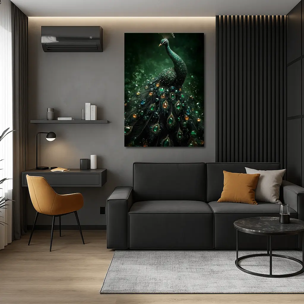 Jeweled Peacock Dark Green Mystical Background – Wall Art