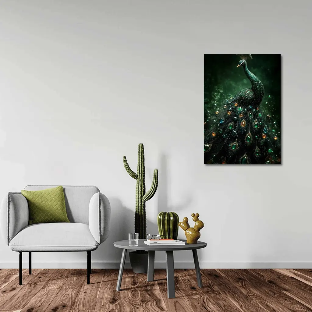 Jeweled Peacock Dark Green Mystical Background – Wall Art