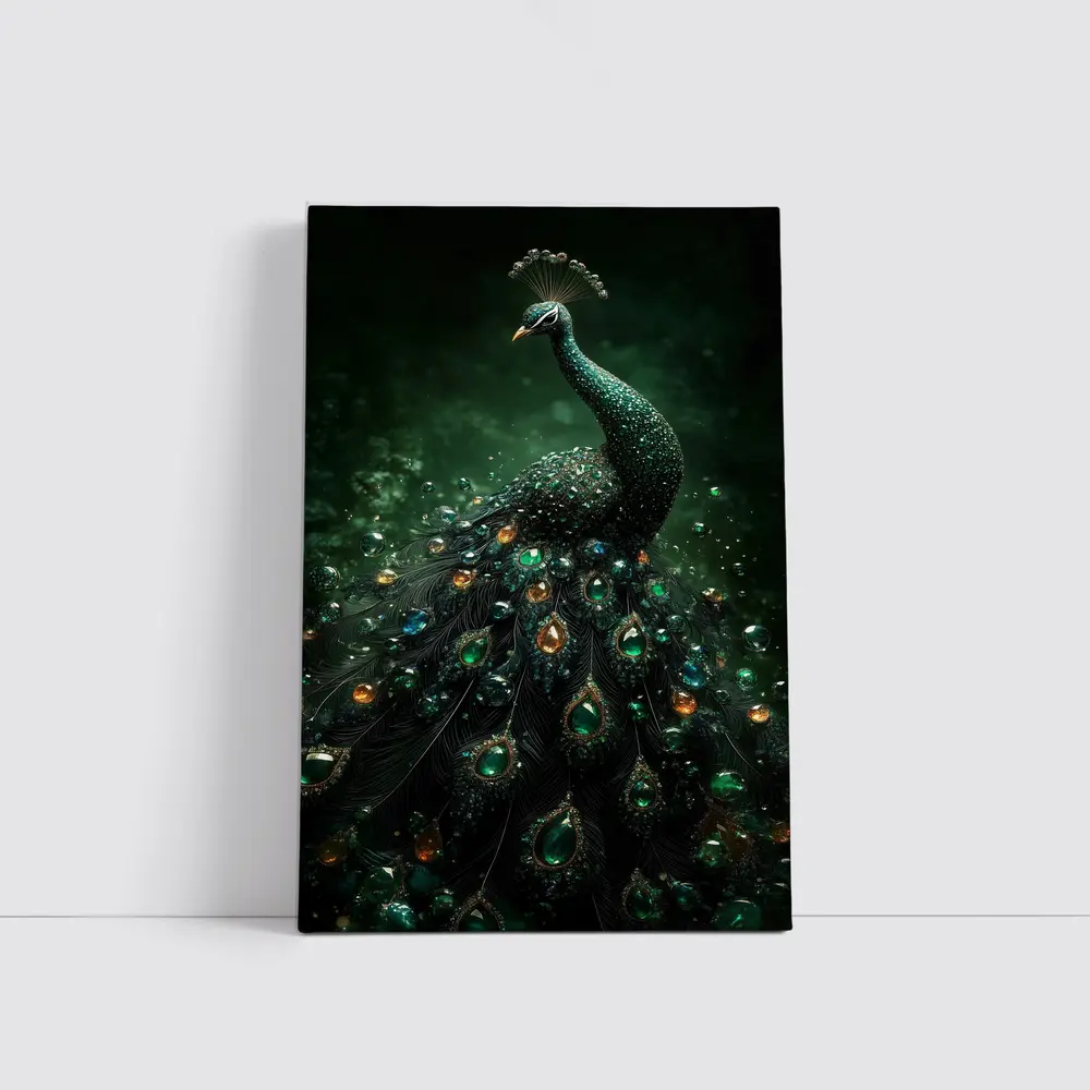 Jeweled Peacock Dark Green Mystical Background – Wall Art
