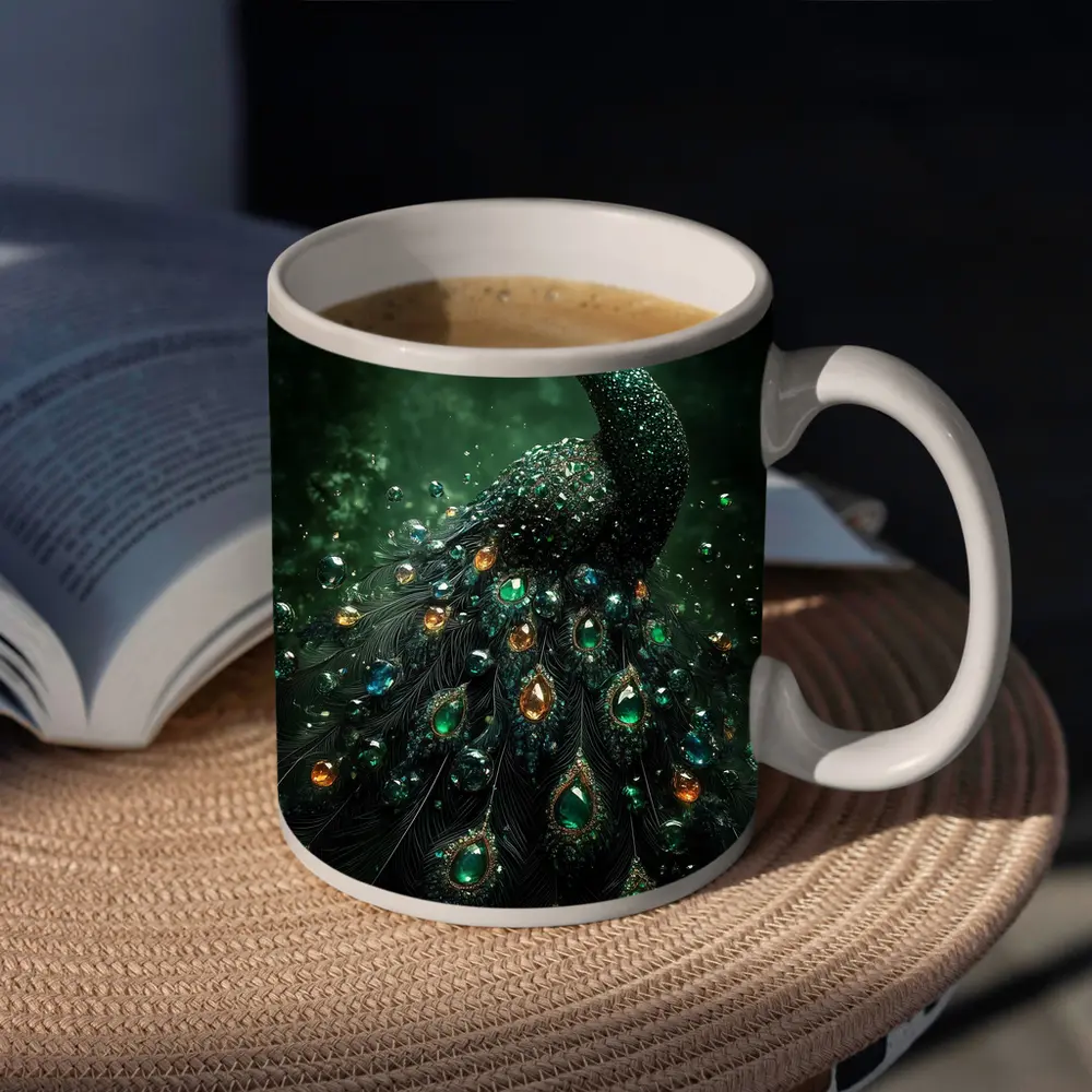 Jeweled Peacock Dark Green Mystical Background – Mugs