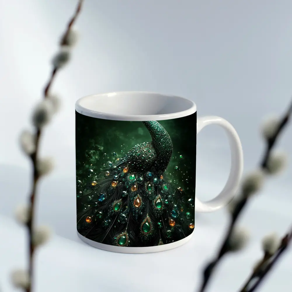 Jeweled Peacock Dark Green Mystical Background – Mugs