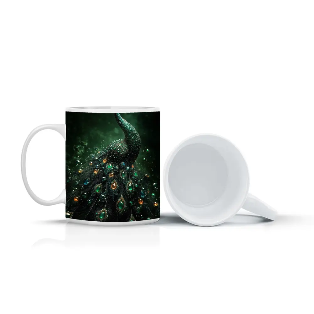 Jeweled Peacock Dark Green Mystical Background – Mugs