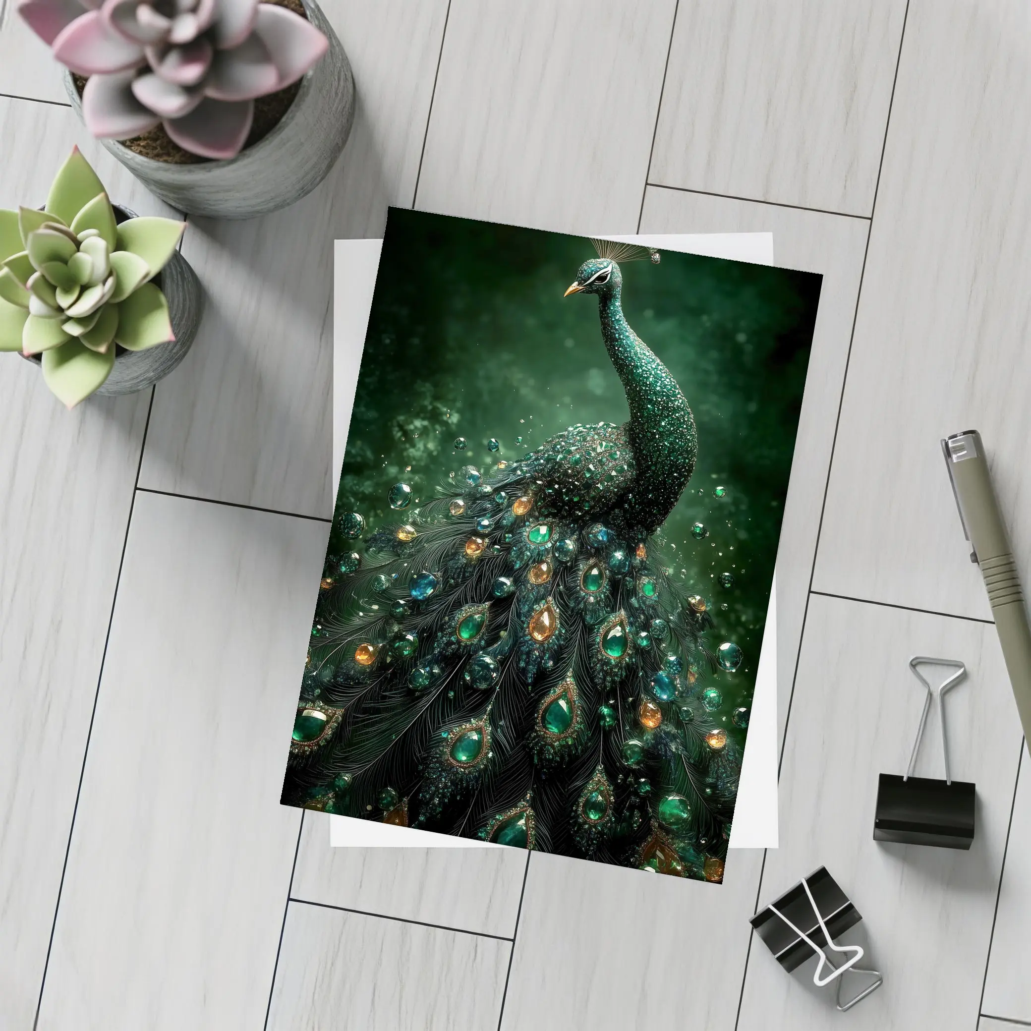 Jeweled Peacock Dark Green Mystical Background – Postcards