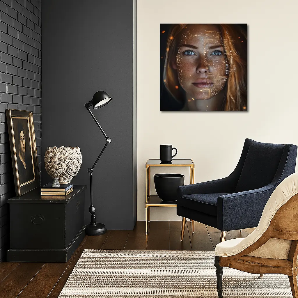Freckled Woman Face With Golden Circuit Overlay – Wall Art