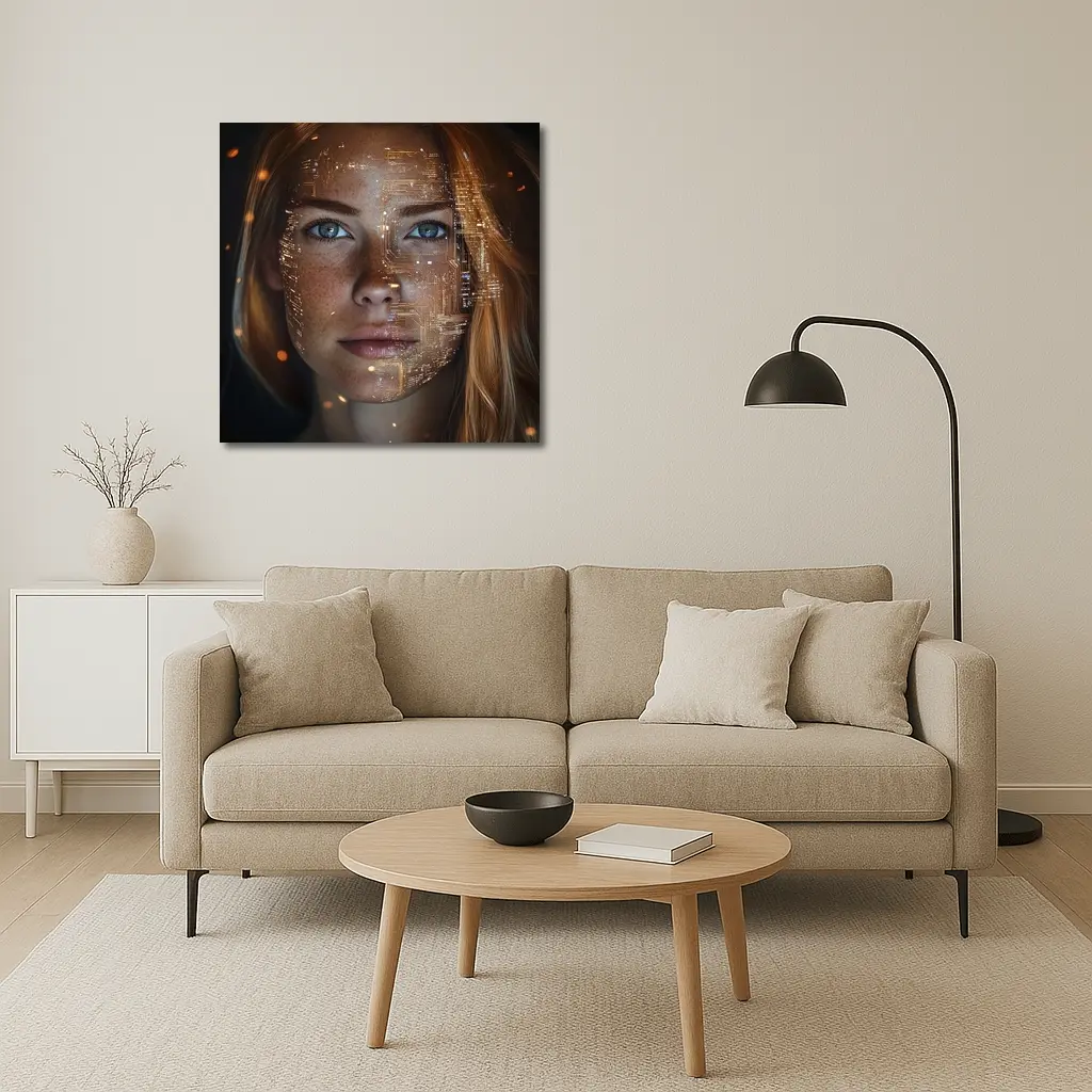 Freckled Woman Face With Golden Circuit Overlay – Wall Art
