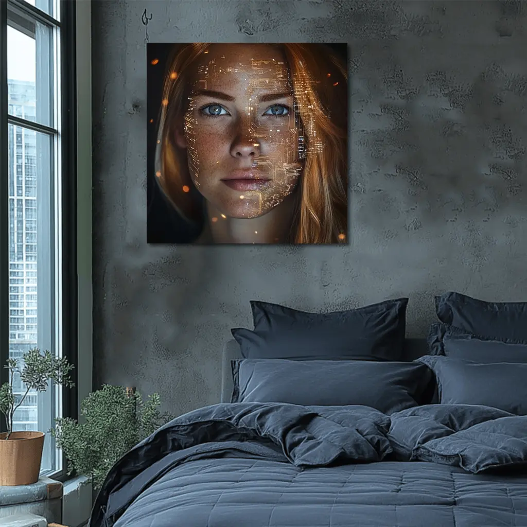 Freckled Woman Face With Golden Circuit Overlay – Wall Art