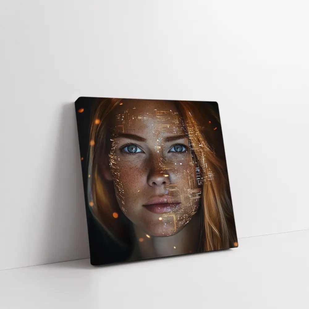 Freckled Woman Face With Golden Circuit Overlay – Wall Art