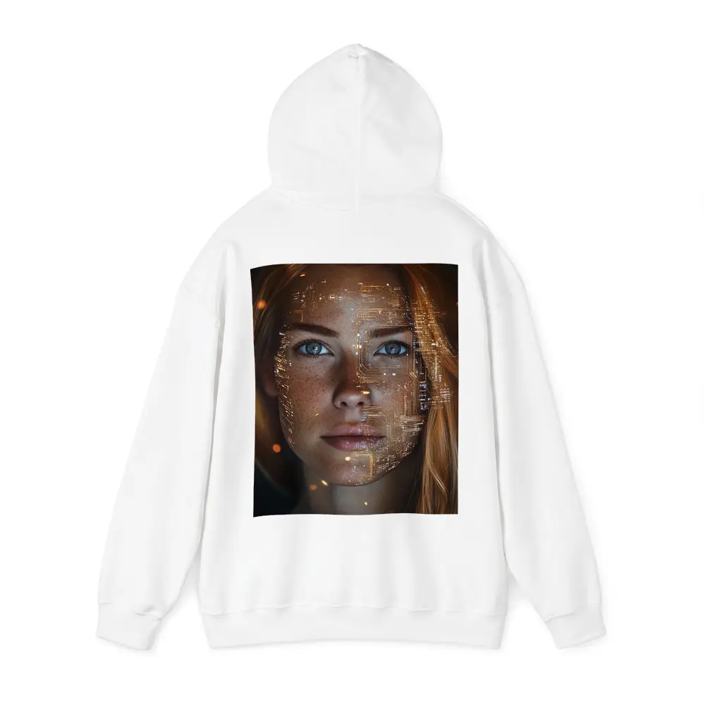 Freckled Woman Face With Golden Circuit Overlay – Hoodies