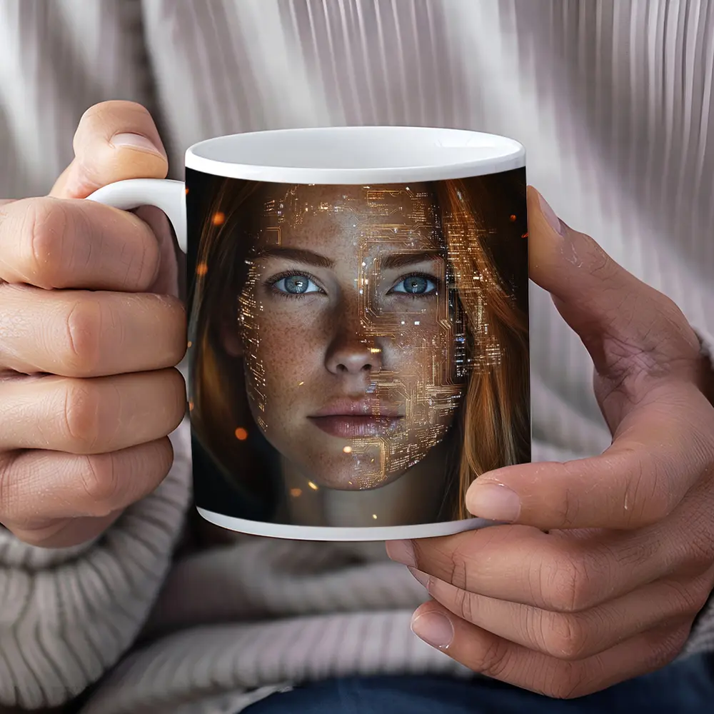Freckled Woman Face With Golden Circuit Overlay – Mugs
