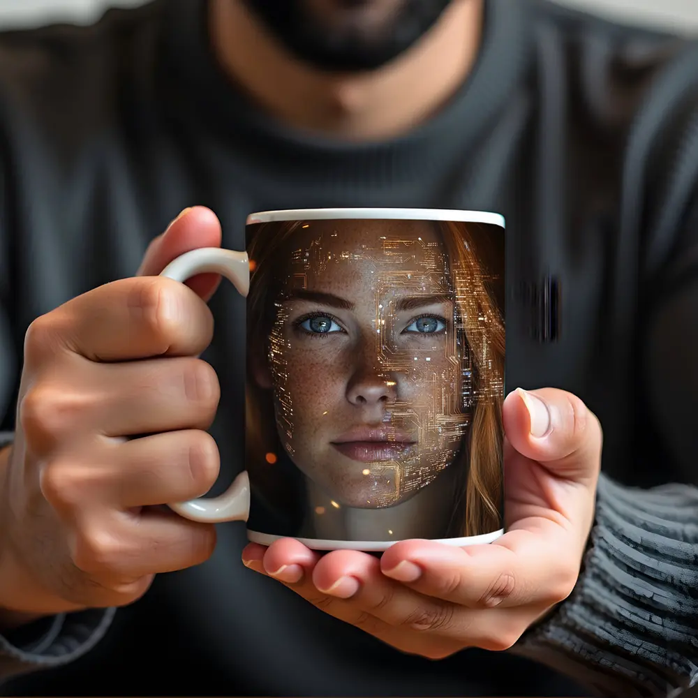 Freckled Woman Face With Golden Circuit Overlay – Mugs