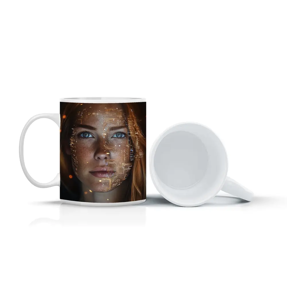 Freckled Woman Face With Golden Circuit Overlay – Mugs