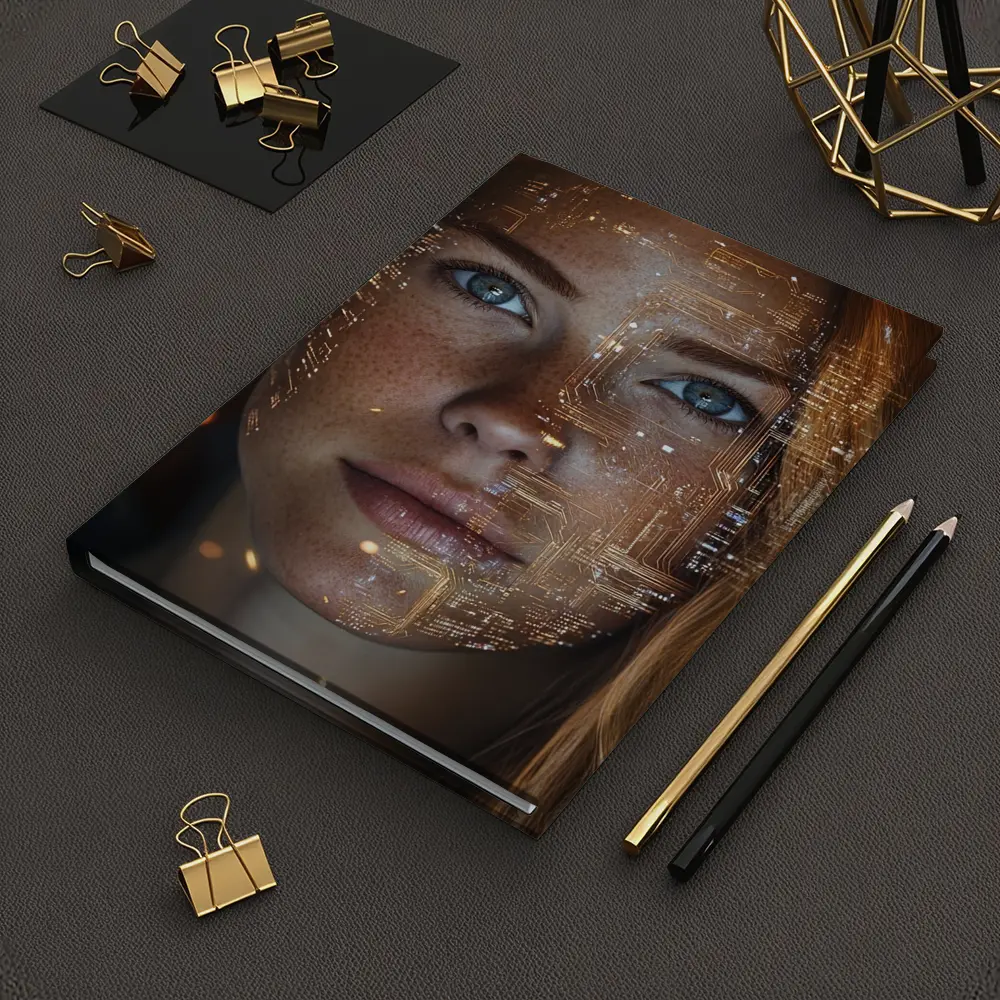 Freckled Woman Face With Golden Circuit Overlay – Notebooks