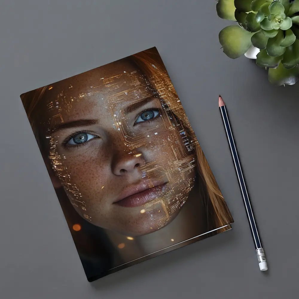 Freckled Woman Face With Golden Circuit Overlay – Notebooks