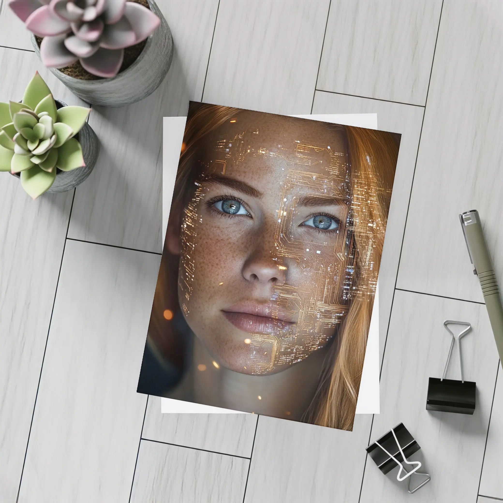 Freckled Woman Face With Golden Circuit Overlay – Postcards