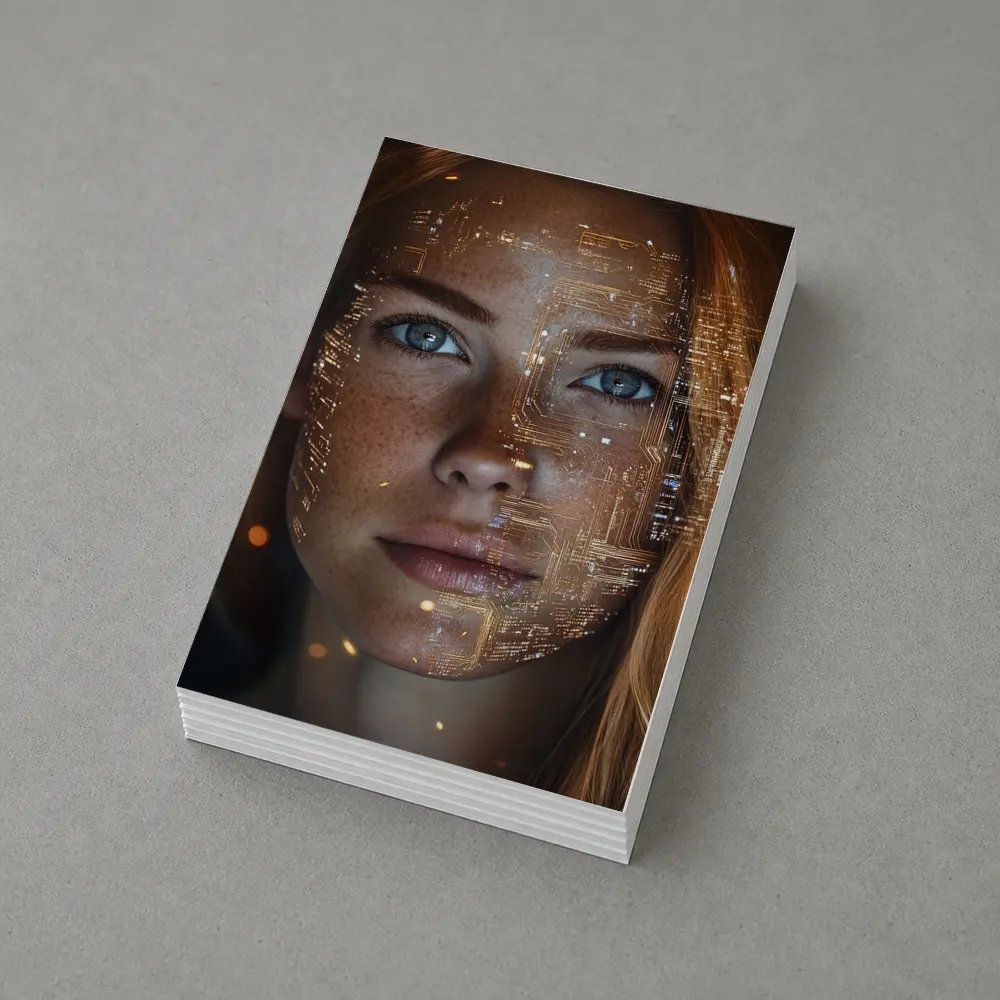 Freckled Woman Face With Golden Circuit Overlay – Postcards