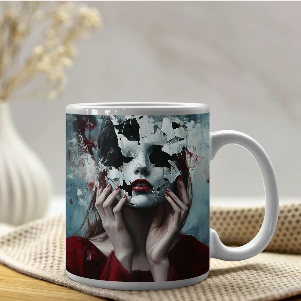Woman Crumbling White Mask Dark Art – Mugs