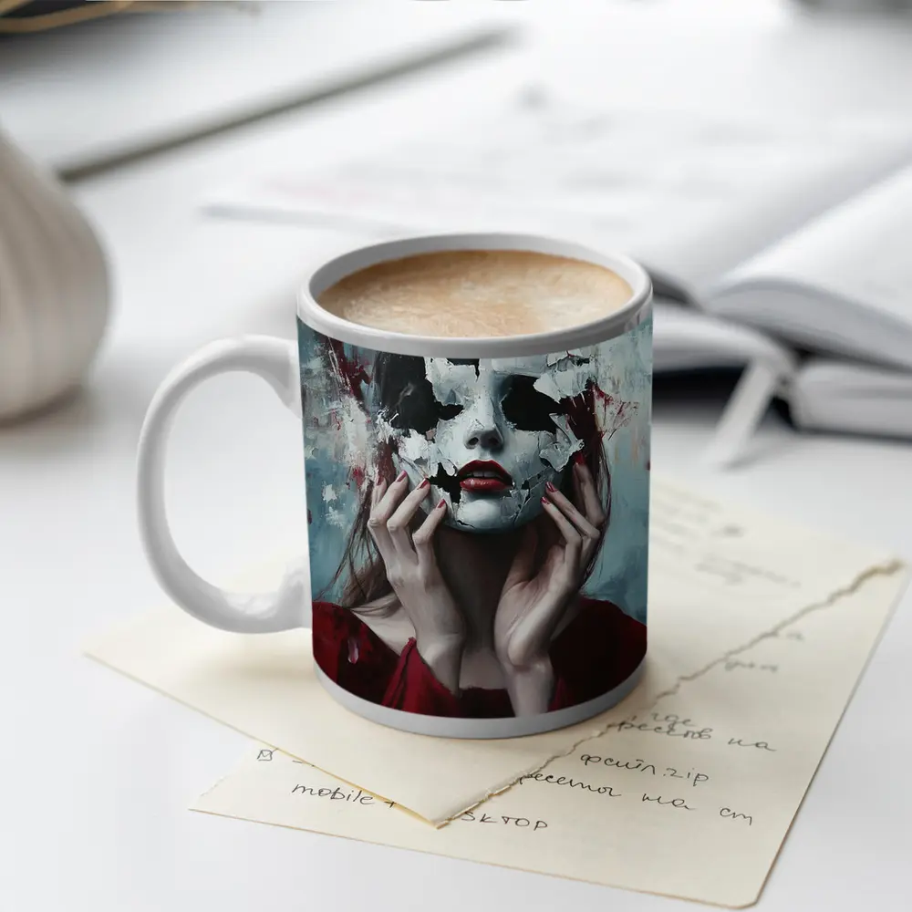Woman Crumbling White Mask Dark Art – Mugs