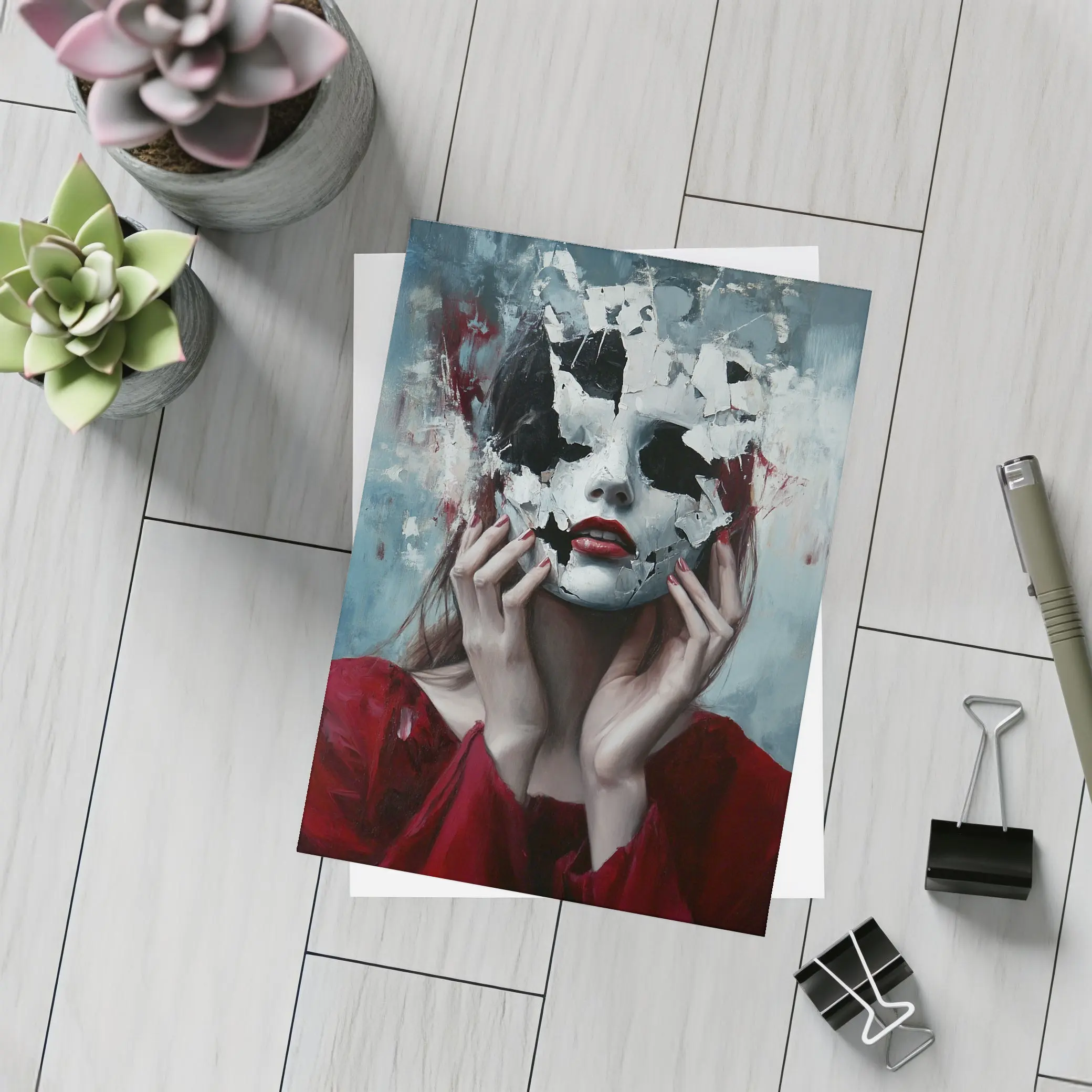 Woman Crumbling White Mask Dark Art – Postcards