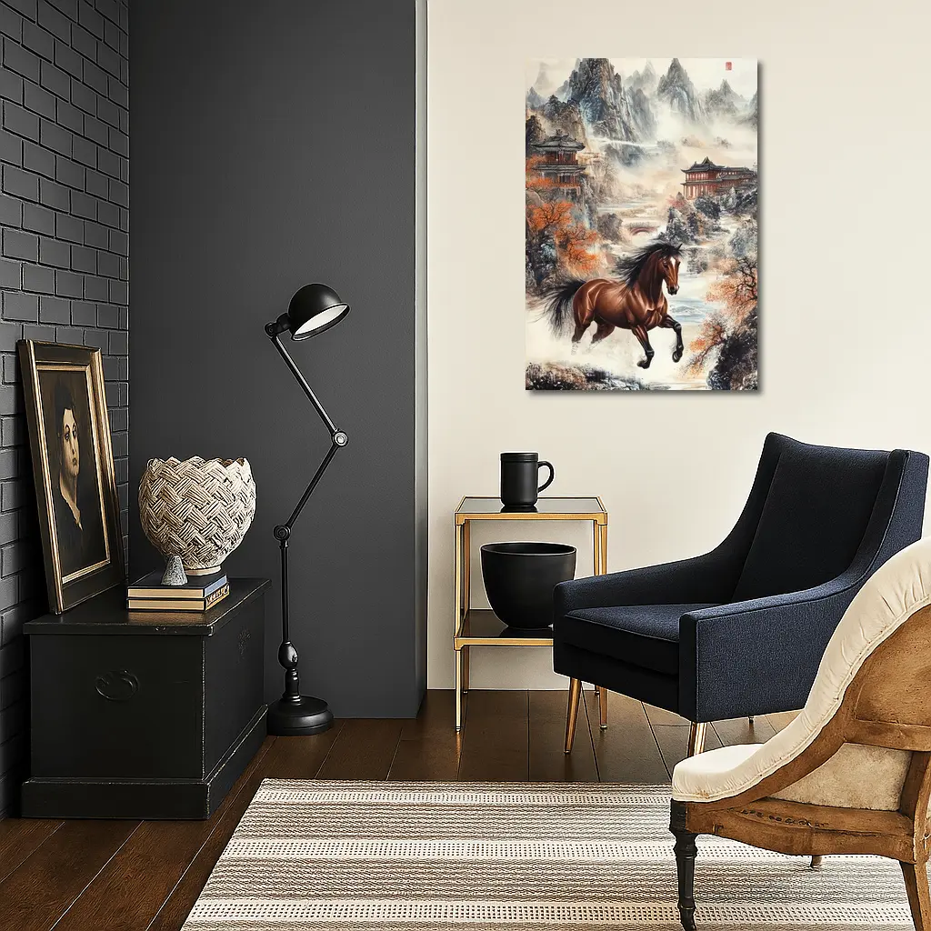 Brown Horse Galloping Chinese Mountain Landscape – Wall Art
