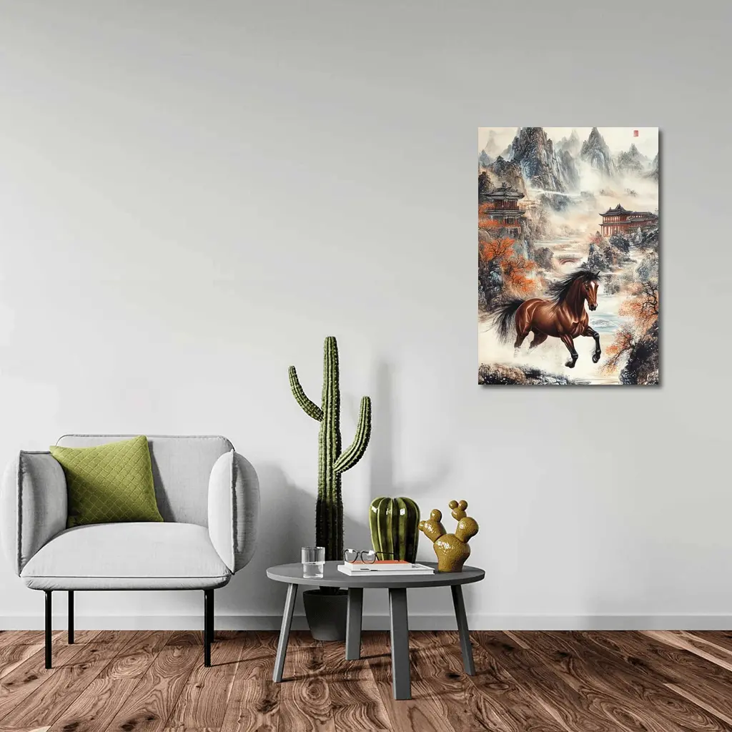 Brown Horse Galloping Chinese Mountain Landscape – Wall Art