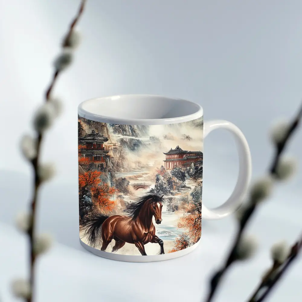 Brown Horse Galloping Chinese Mountain Landscape – Mugs