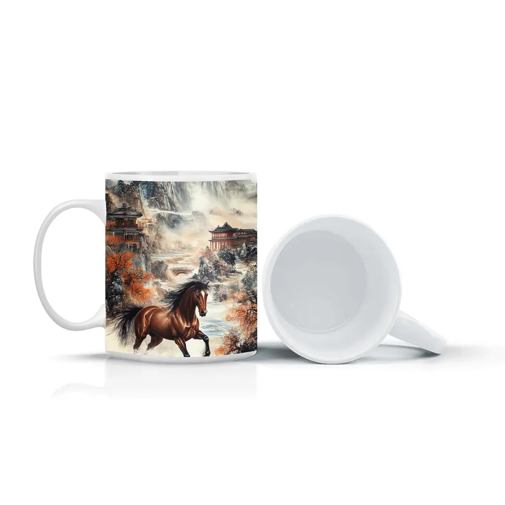 Brown Horse Galloping Chinese Mountain Landscape – Mugs