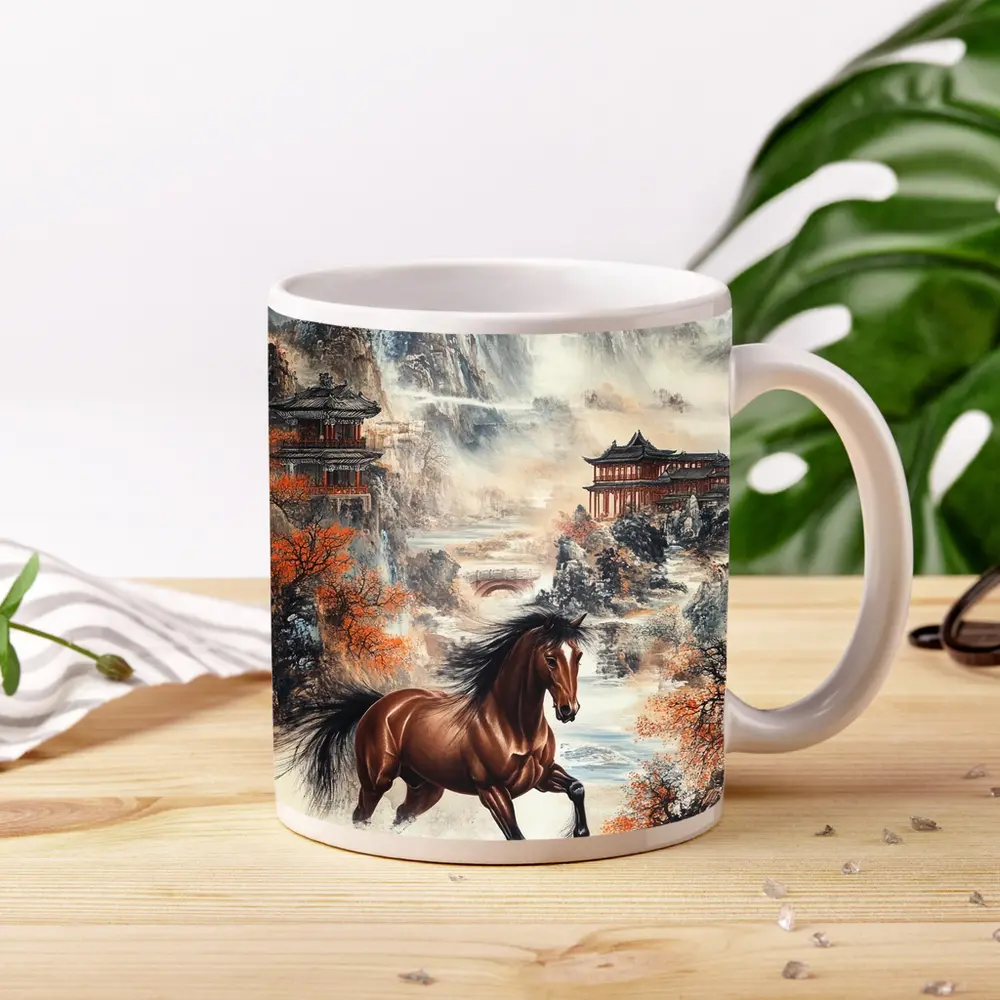 Brown Horse Galloping Chinese Mountain Landscape – Mugs