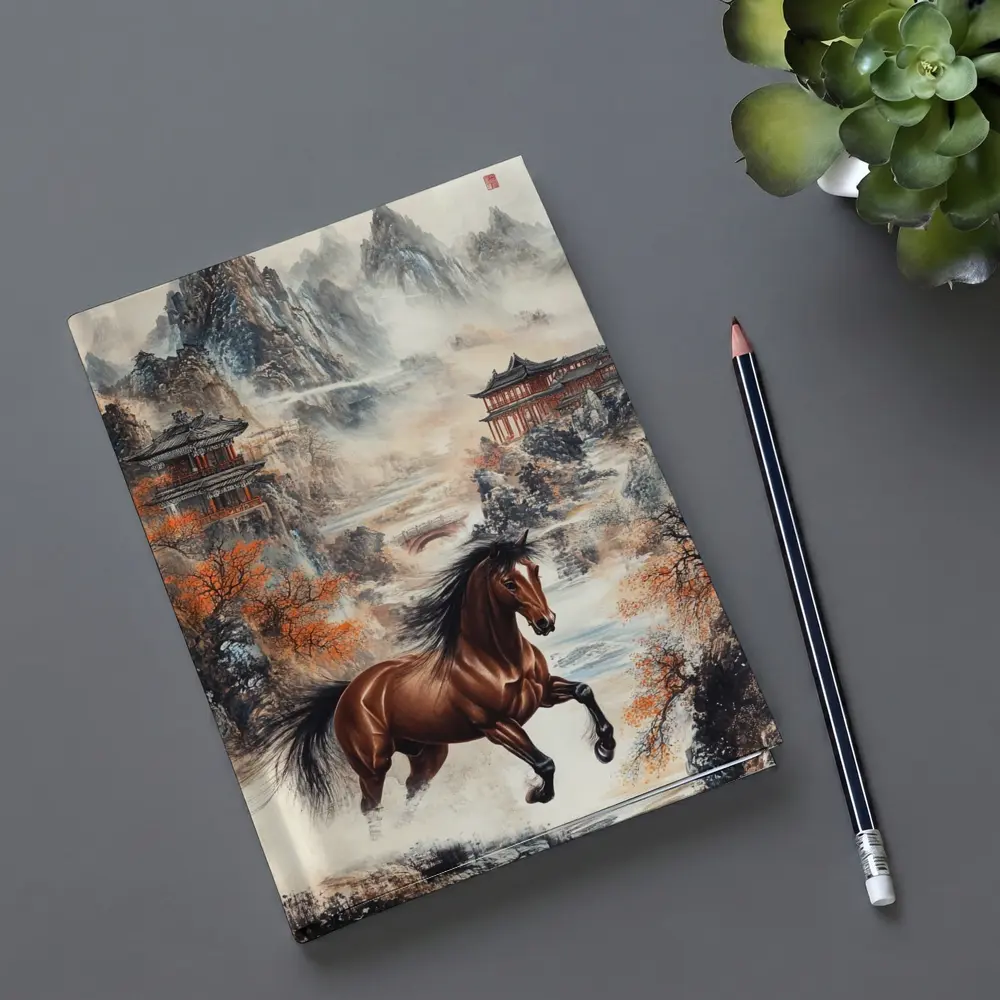 Brown Horse Galloping Chinese Mountain Landscape – Notebooks
