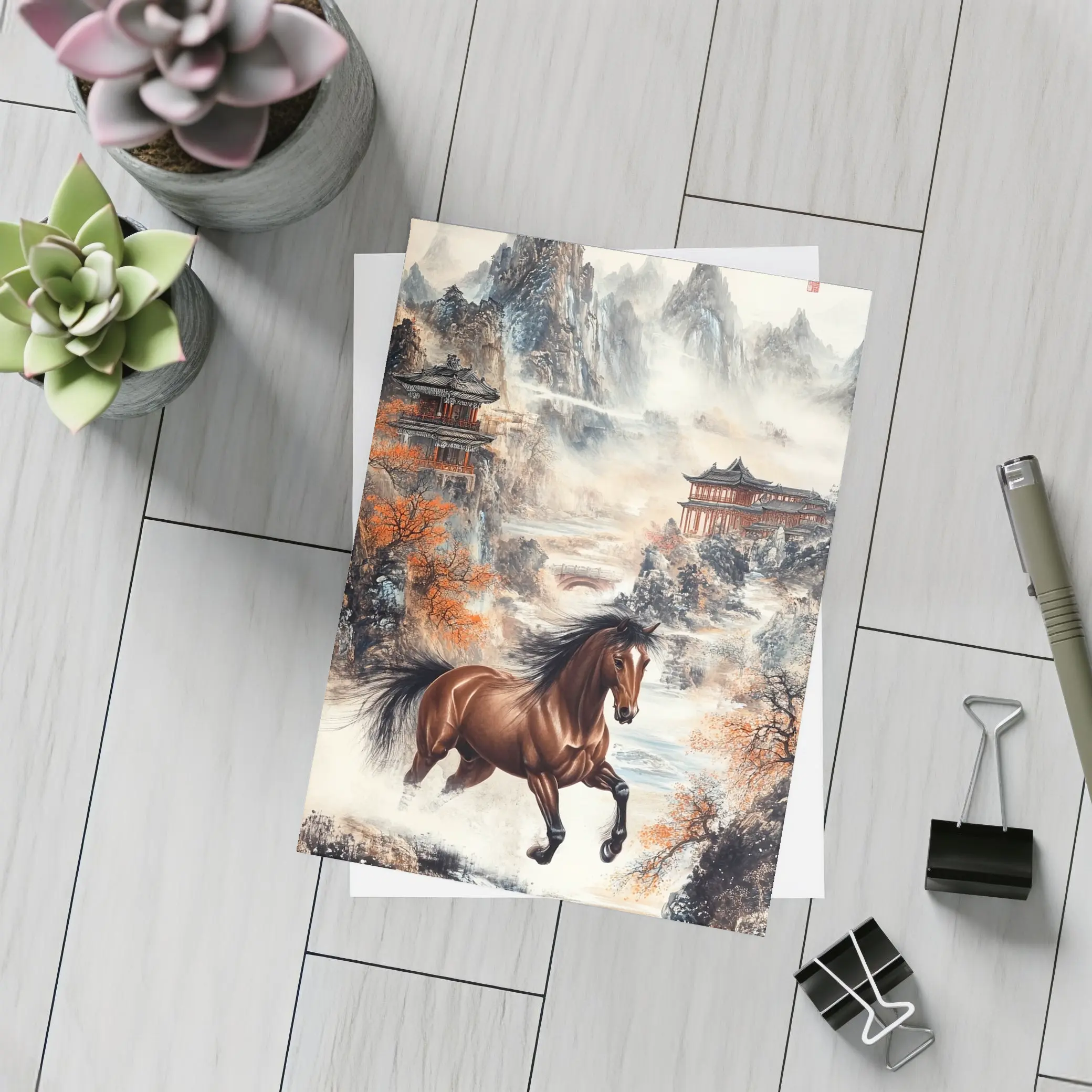 Brown Horse Galloping Chinese Mountain Landscape – Postcards