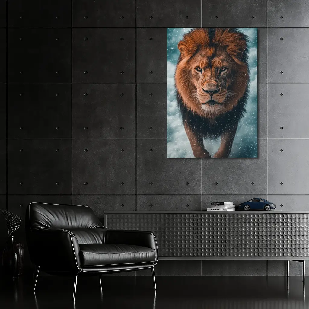 Lion Walking Through Snow and Clouds – Wall Art