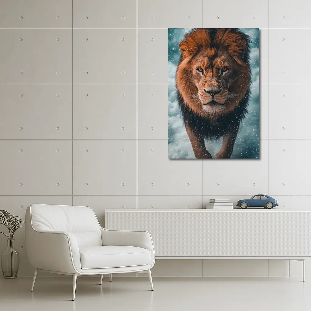 Lion Walking Through Snow and Clouds – Wall Art