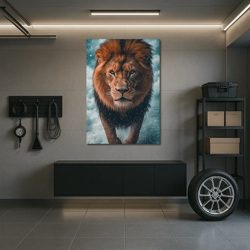 Lion Walking Through Snow and Clouds – Wall Art