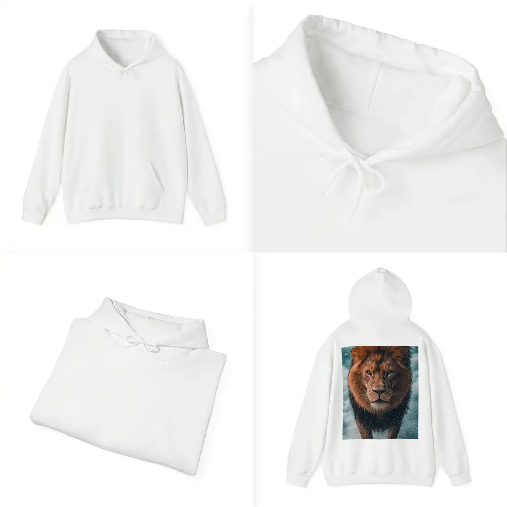 Lion Walking Through Snow and Clouds – Hoodies