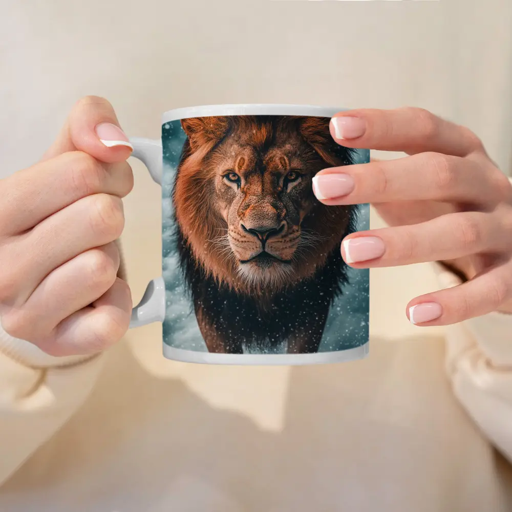Lion Walking Through Snow and Clouds – Mugs