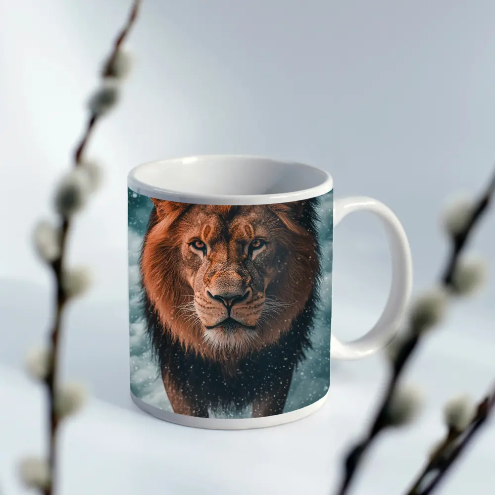 Lion Walking Through Snow and Clouds – Mugs
