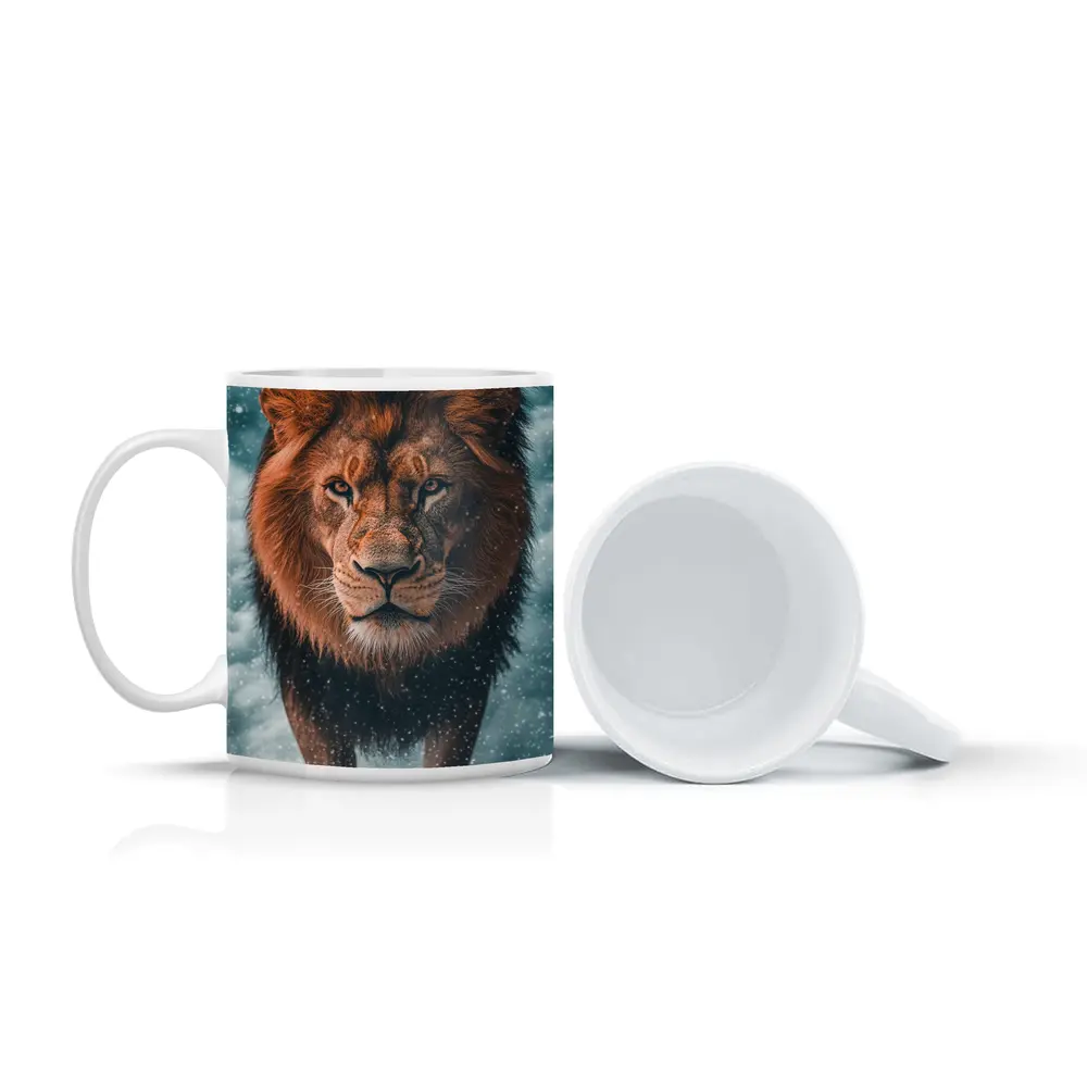 Lion Walking Through Snow and Clouds – Mugs