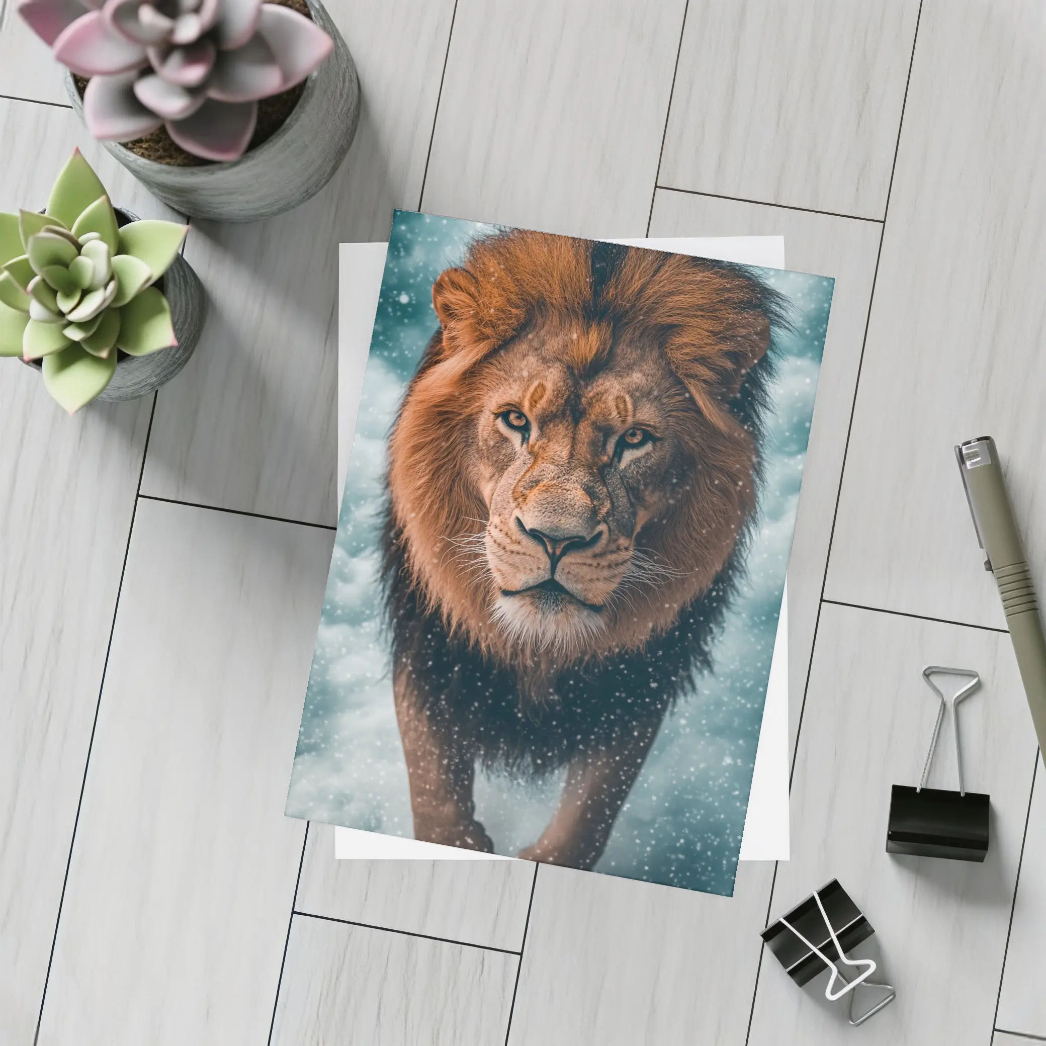 Lion Walking Through Snow and Clouds – Postcards